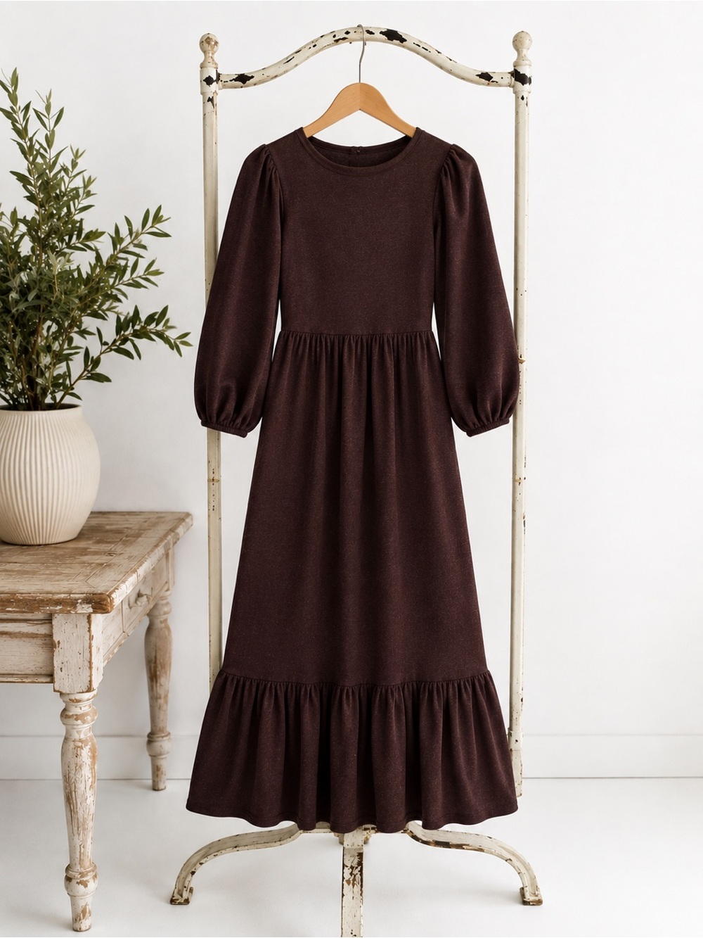 Women's Long Puff Sleeve Maxi Dress in Dark Brown